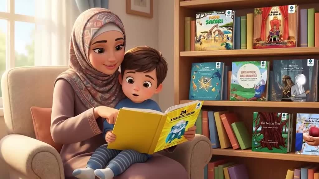 A woman in a hijab reads a book to a young boy, pointing to the pages. Books line a shelf behind them, some featuring Islamic themes and titles like "Food Safari." A woman in a hijab reads a book to a young boy, pointing to the pages. Books line a shelf behind them, some featuring Islamic themes and titles like "Food Safari."