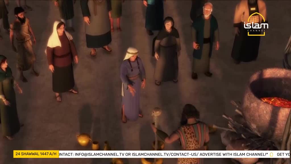 A crowd of people in ancient garb stand around a large, bubbling pot. A man in a blue robe gestures as he speaks to a figure holding a staff.