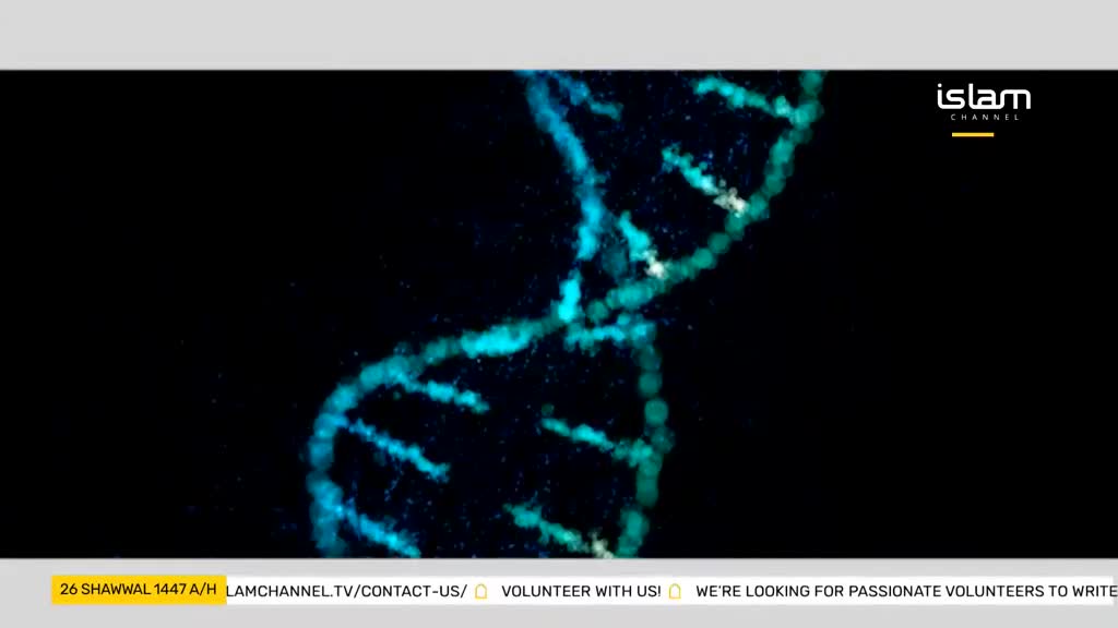 A glowing blue and green DNA strand twists against a dark background. Tiny particles drift around it, adding to the ethereal effect.