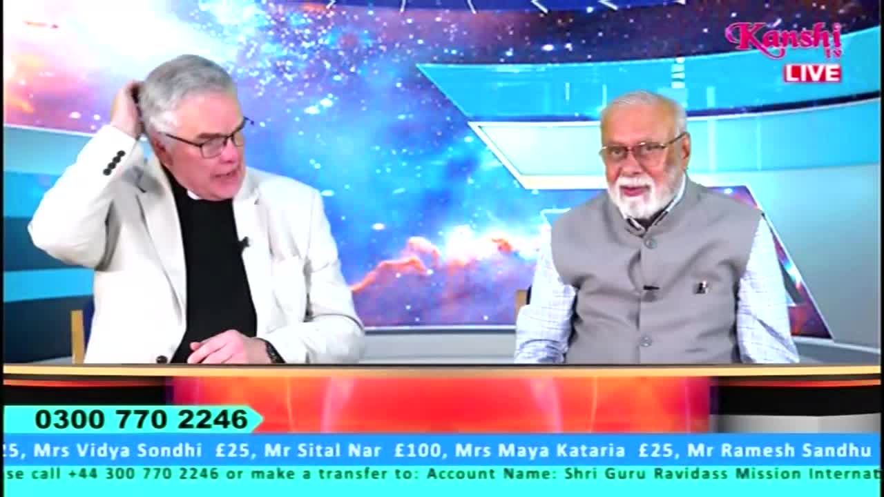 On Kanshi TV, a man in a white jacket scratches his head while speaking, and another man in a vest sits calmly beside him. The screen displays a phone number and donation details from the United Kingdom.
