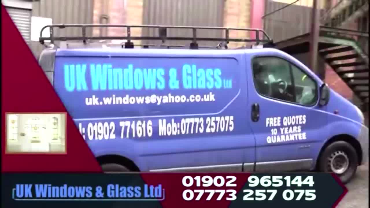 A blue van with "UK Windows & Glass" written on the side is parked, its details displayed on a Kanshi TV screen. The van's contact information and a guarantee are clearly visible.

