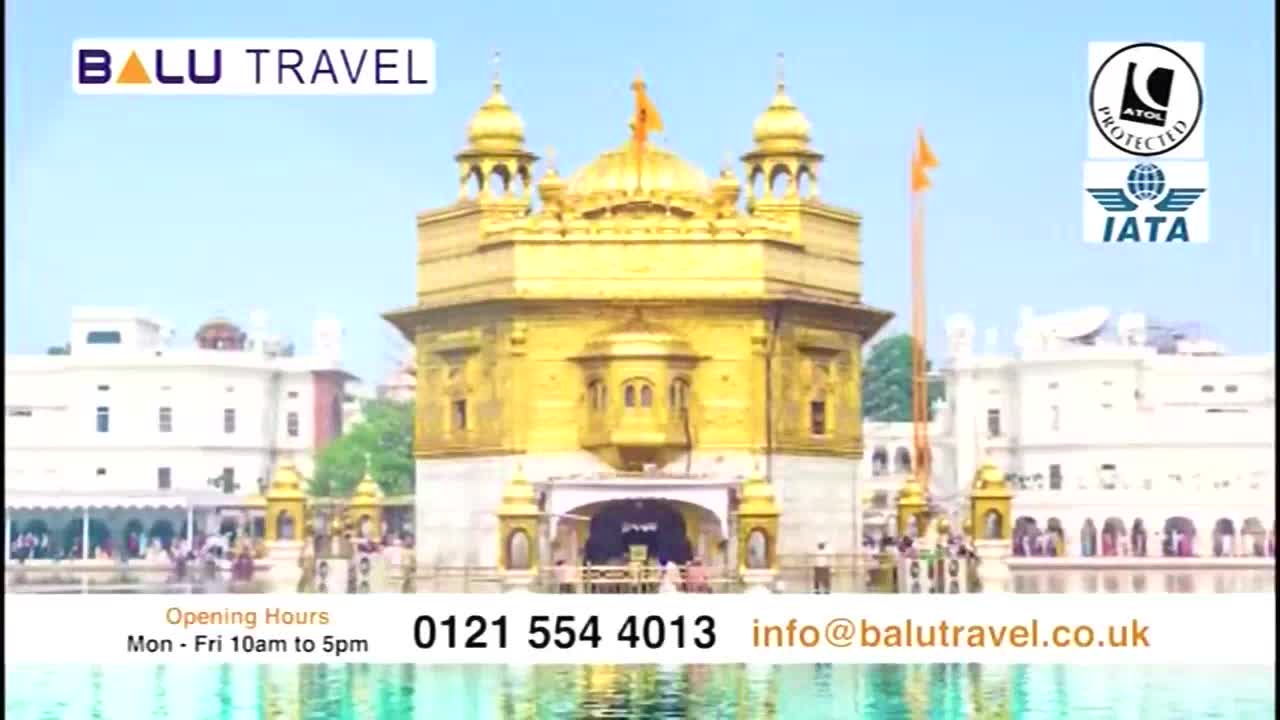 A golden temple shimmers in the sunlight, its reflection rippling in the water below. The image is framed by a travel agency's contact information, likely part of a Kanshi TV advertisement from the United Kingdom.
