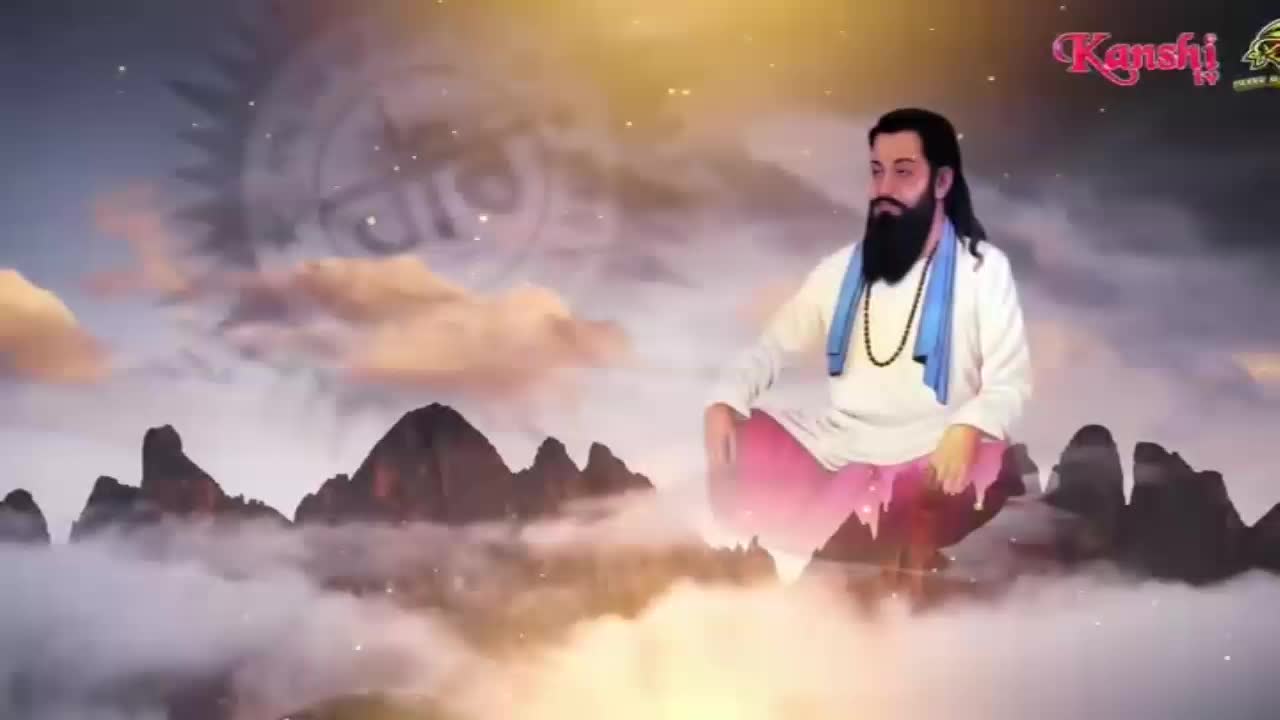 A man with a long beard sits cross-legged, his white tunic glowing. Jagged mountain peaks emerge from a sea of clouds, bathed in a warm, ethereal light.