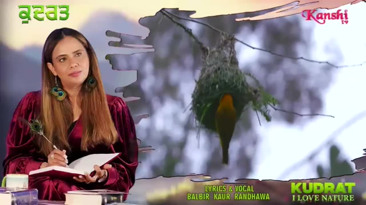 A woman in a deep red robe holds a quill pen, poised over an open book. Nearby, a small yellow bird peeks out from a woven nest hanging from a branch.