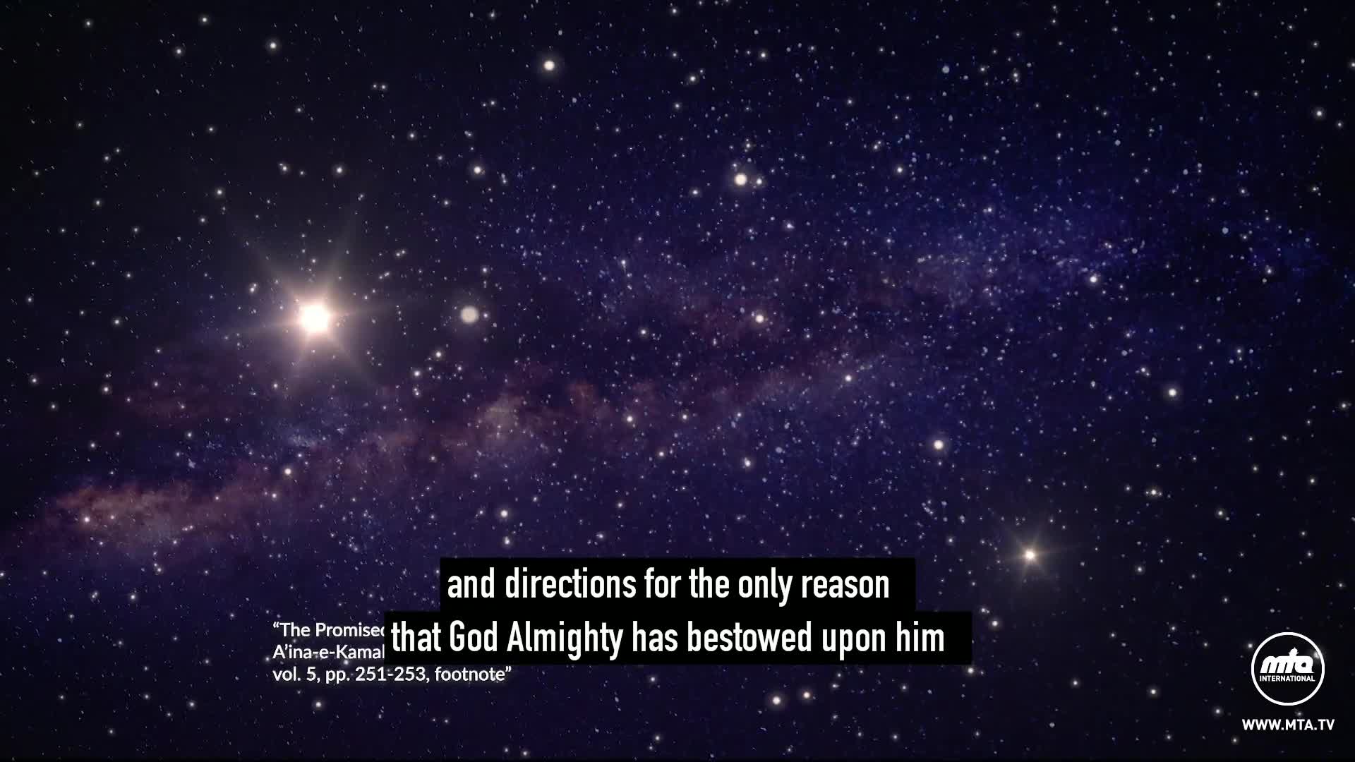 A vast, star-filled sky dominates the frame, with a bright, central star radiating light. Below, text from MTA International, likely in the United Kingdom, explains a theological point.
