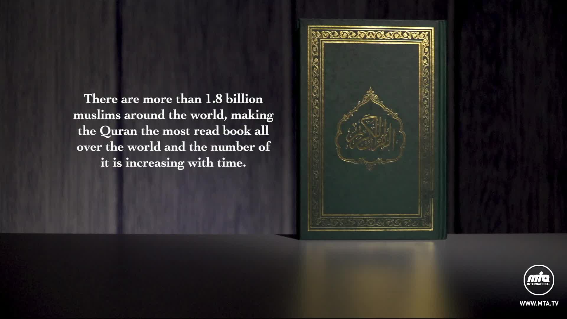 A green book with gold trim rests against a dark wooden backdrop. Text from MTA1 World highlights the Quran's popularity among Muslims worldwide.

