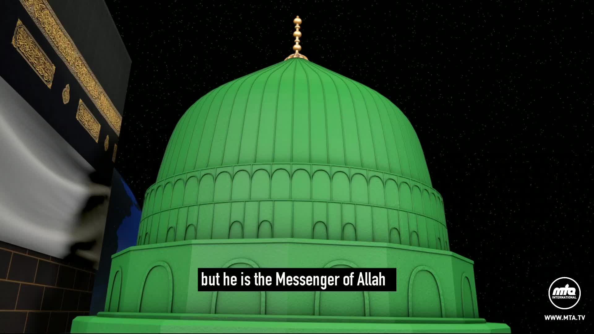 A bright green dome, topped with a golden spire, dominates the view against a starry backdrop. Beside it, a black structure with gold trim suggests the Kaaba, as the text on the screen indicates.
