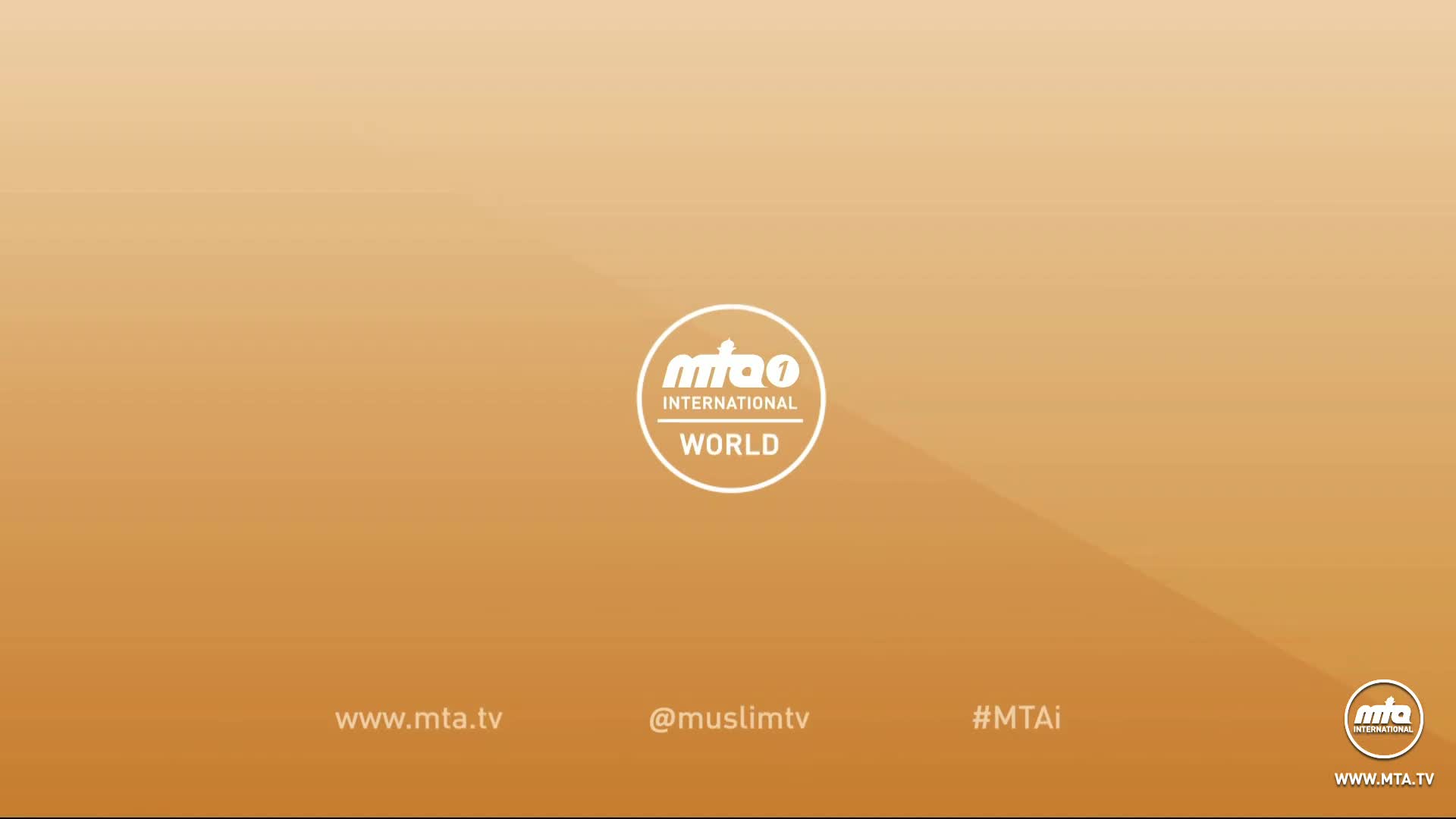 The MTA International World logo sits centered on a warm, gradient background. Below, the website and social media handles appear, all in white text.
