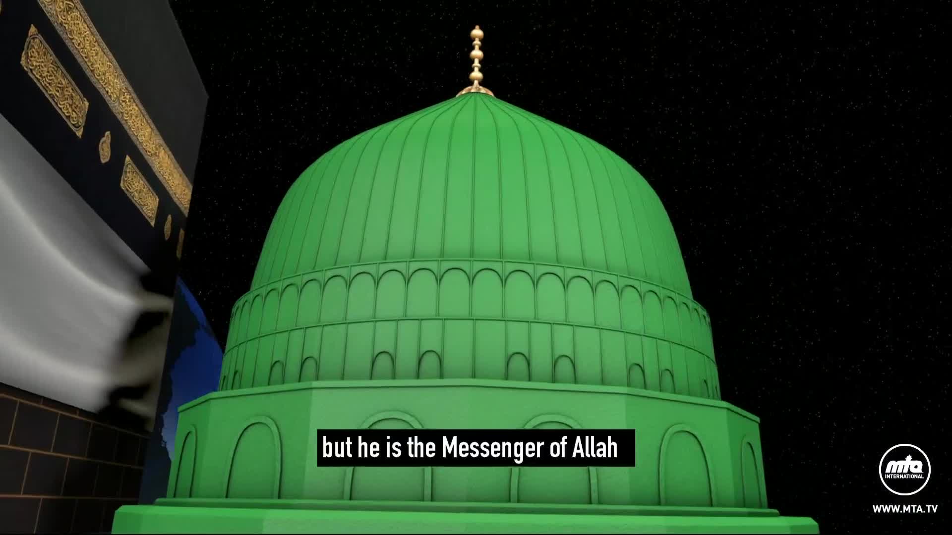 A large, green dome dominates the frame, its surface ribbed and topped with a golden spire. To the left, a stylized Kaaba stands, and a caption on the screen reads, "but he is the Messenger of Allah."

