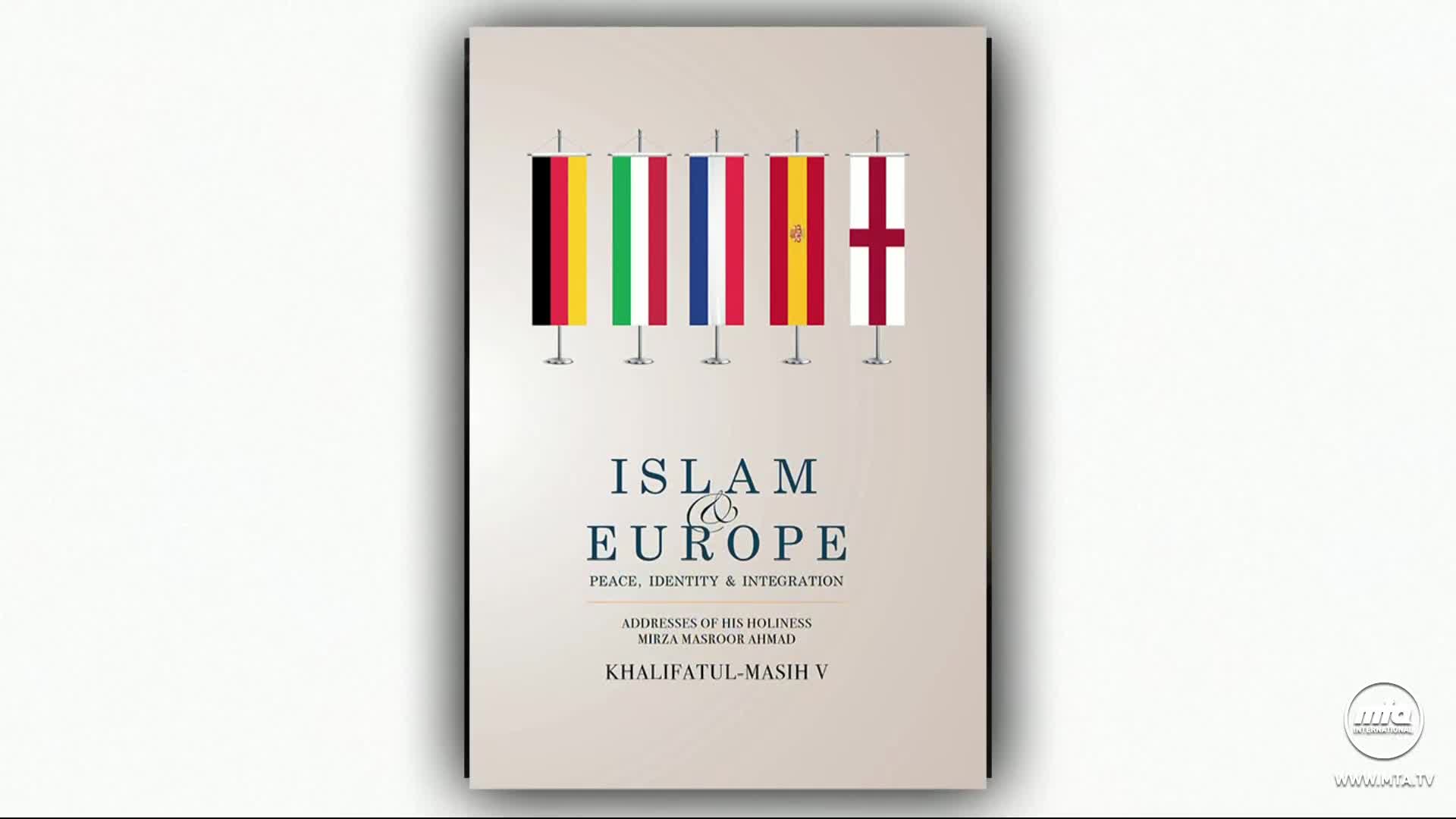 A book cover displays the title "Islam & Europe" alongside a row of European flags. The MTA1 World logo is visible in the bottom right corner.
