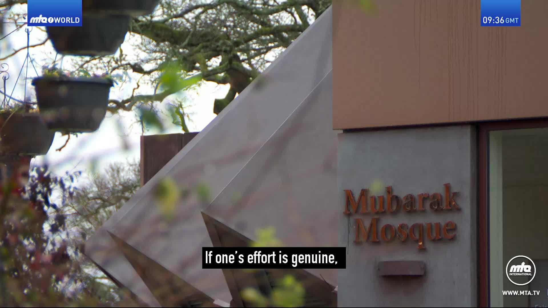 The Mubarak Mosque sign is visible on the building's facade. Hanging baskets with greenery are suspended from a tree branch overhead.