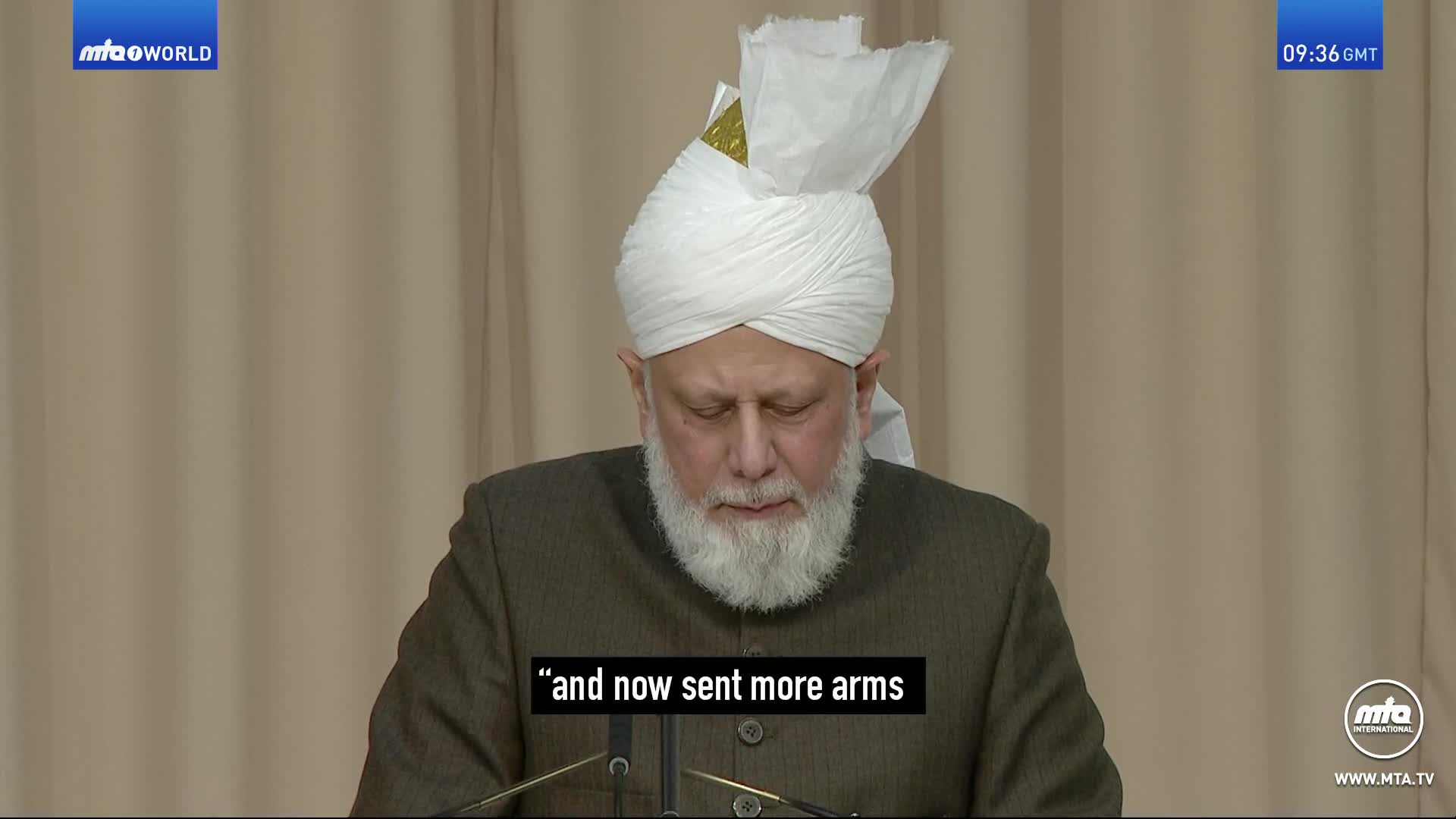 The man in the turban speaks, his words appearing on screen. A clock shows 09:36 GMT.