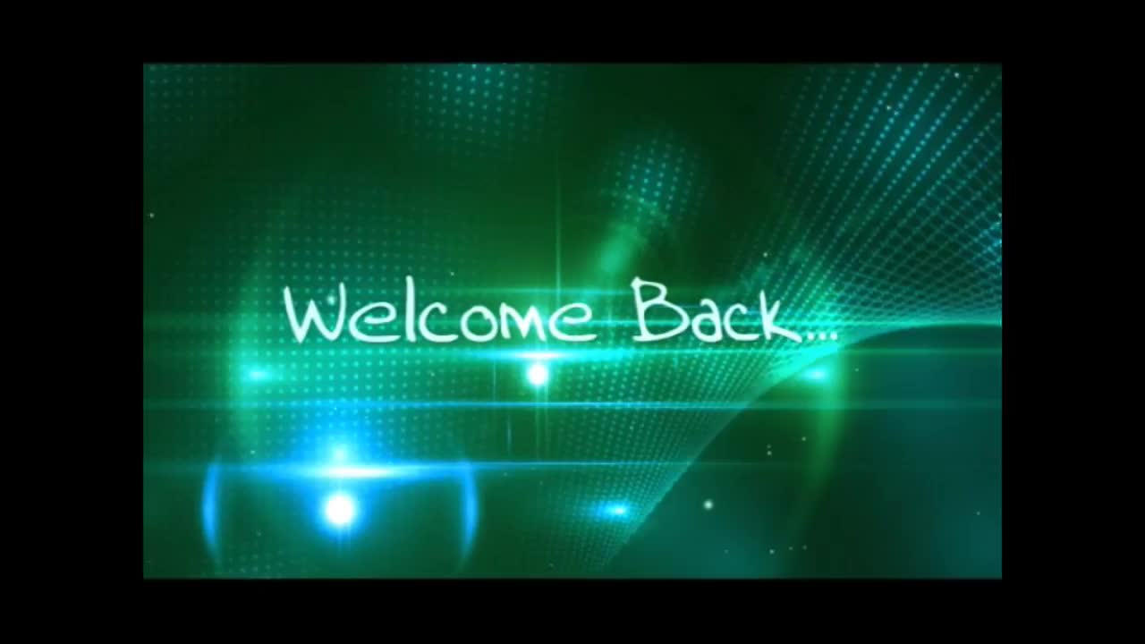 "Welcome Back" is written in a flowing, handwritten font against a green, abstract background. Bright, blue streaks of light flash across the screen.
