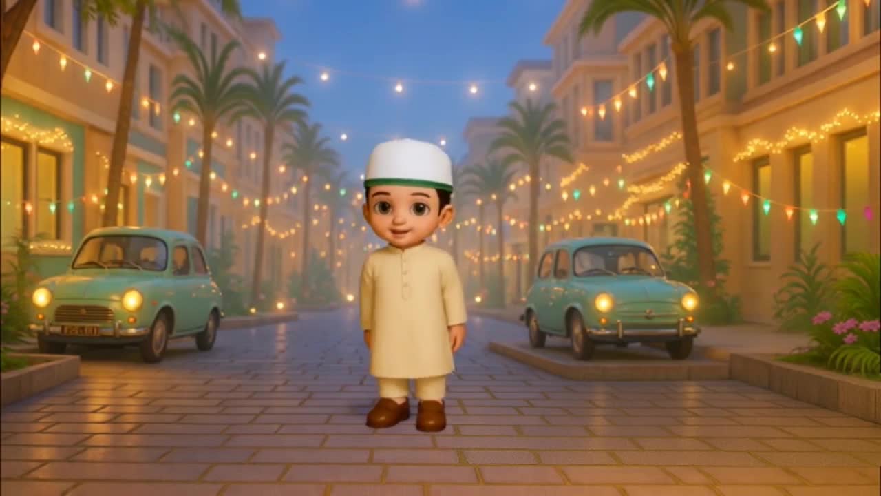 A young boy in a cream-colored outfit stands on a cobblestone street, framed by two vintage teal cars. Overhead, strings of lights twinkle between buildings, creating a festive atmosphere.
