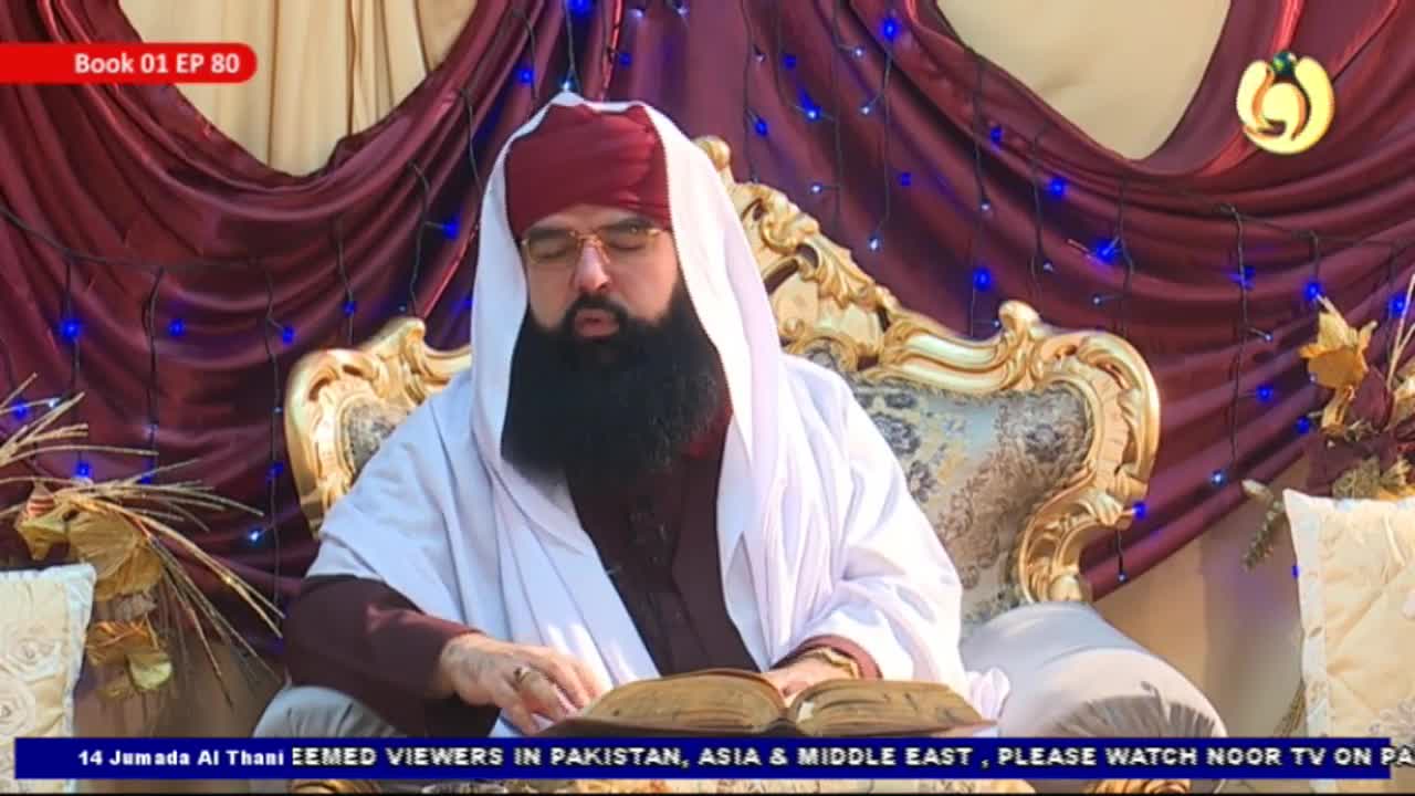 A man in a turban and glasses sits in an ornate chair, reading from an open book. The Noor TV broadcast, originating from the United Kingdom, is aimed at viewers in Pakistan and the Middle East.

