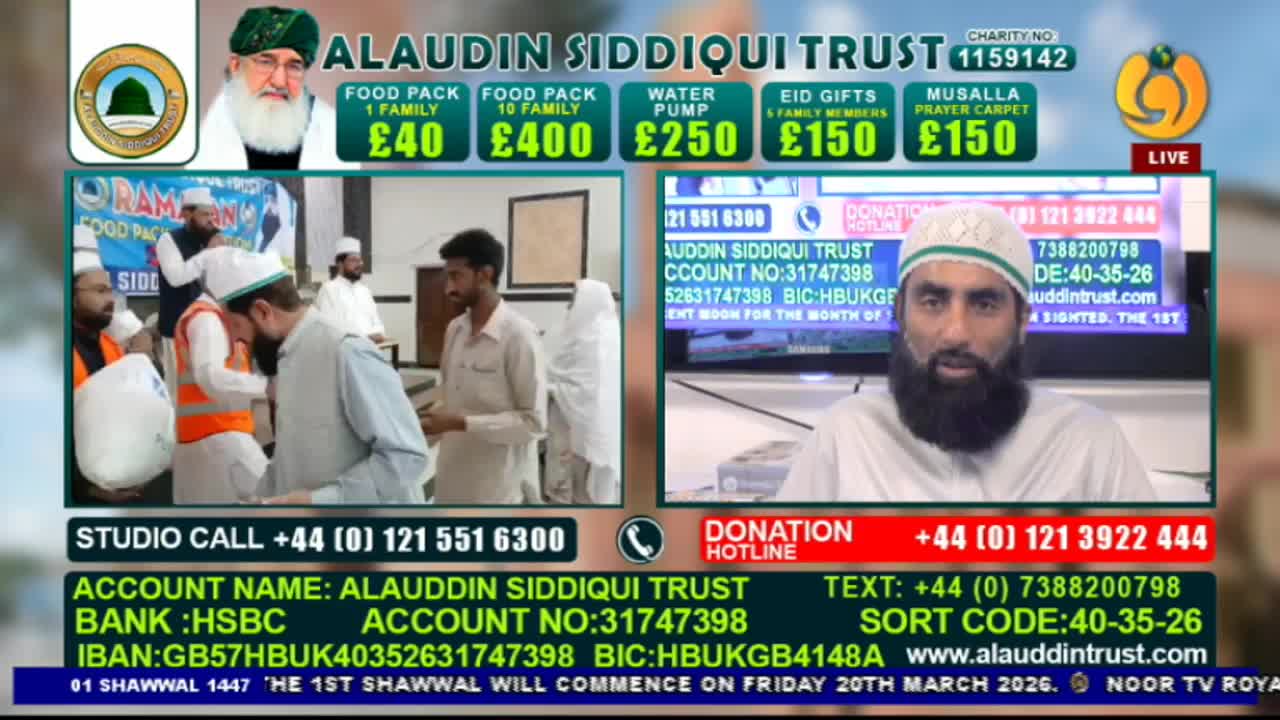 Volunteers in orange vests hand out large white bags to people gathered outside. A man with a beard, wearing a white kufi, speaks directly to the camera from a studio. Volunteers in orange vests hand out large white bags to people gathered outside. A man with a beard, wearing a white kufi, speaks directly to the camera from a studio.