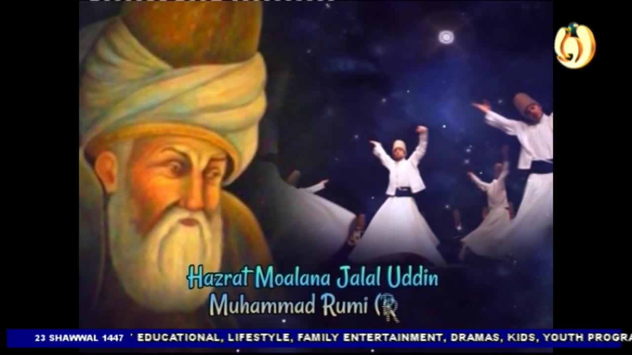 Men in white robes spin in a circle, their arms outstretched. A painted portrait of a bearded man in a turban looms on the left, with text below identifying him as Rumi. Men in white robes spin in a circle, their arms outstretched. A painted portrait of a bearded man in a turban looms on the left, with text below identifying him as Rumi.