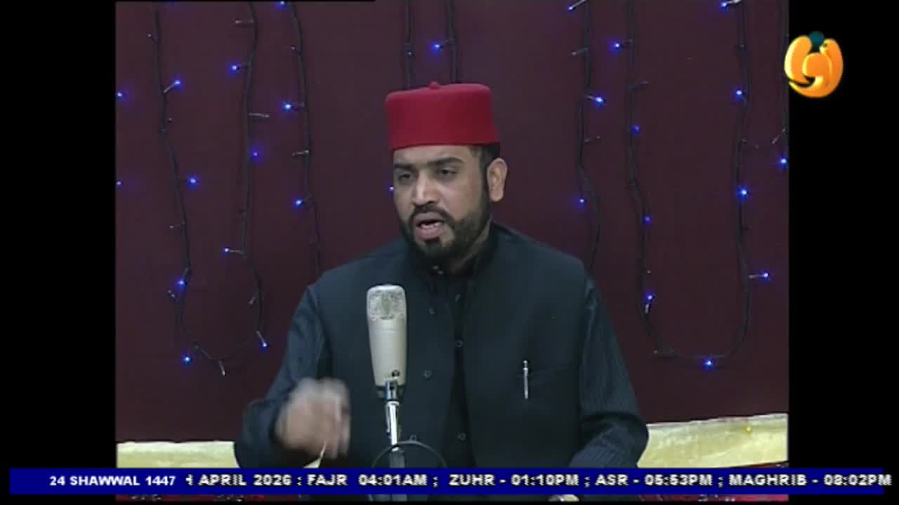 A man in a red fez speaks into a microphone, his right hand gesturing. Blue lights twinkle behind him on a dark red backdrop, a common sight on Noor TV.