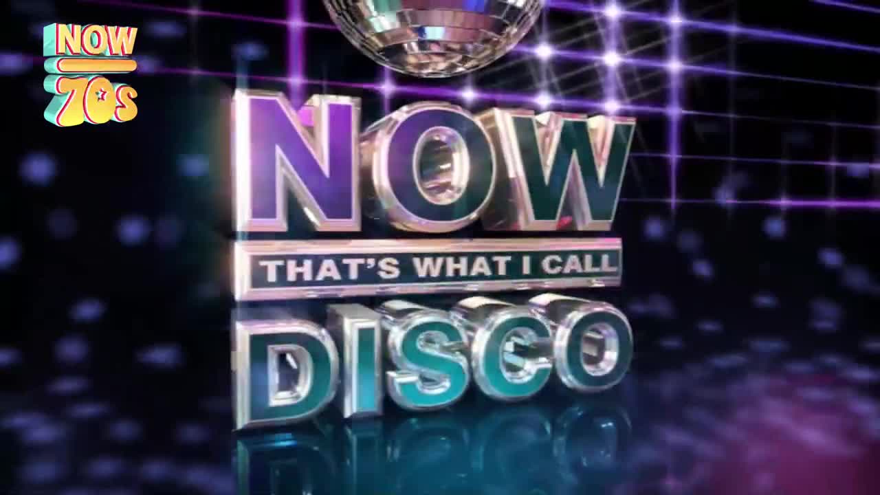 The words "NOW" and "DISCO" shine, reflecting the light from above. Beneath, "THAT'S WHAT I CALL" is a silver band, and the whole scene is set against a grid of purple and white lights.
