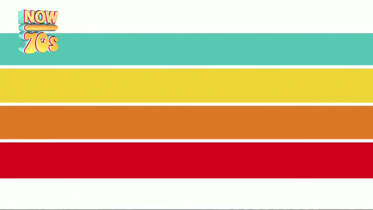 A retro logo, "Now 70s," floats above a series of horizontal stripes in bright colours. The stripes, a mix of teal, yellow, orange, and red, fill the screen.
