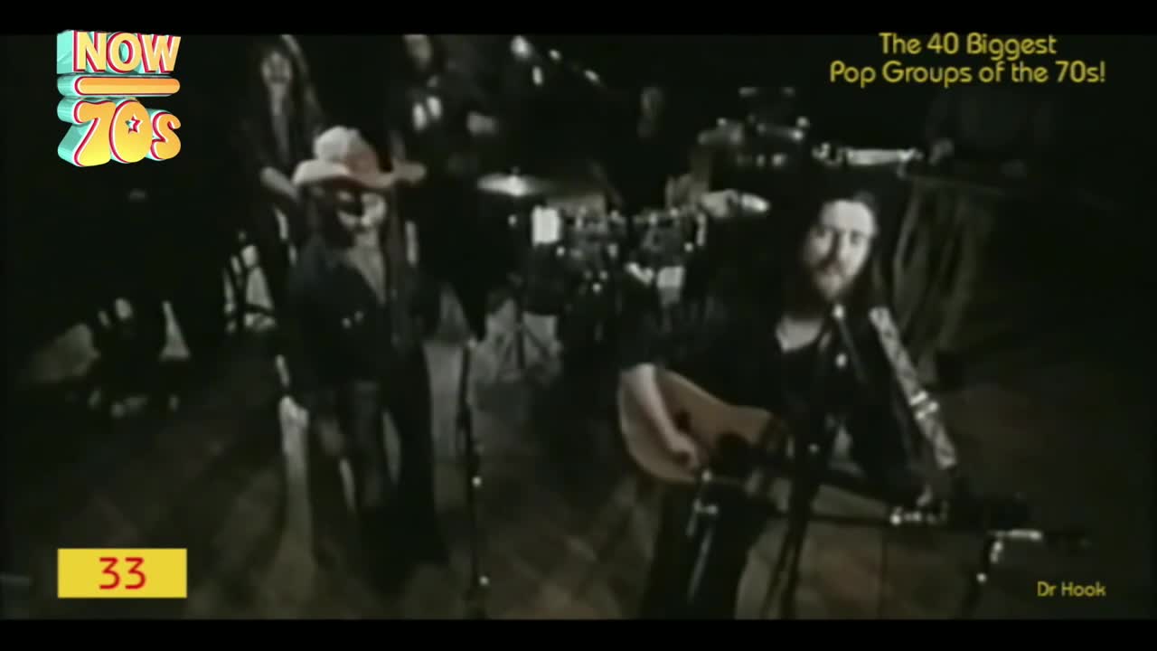 A band is on stage, with a man in a cowboy hat in the center, and another playing an acoustic guitar. The lighting is dim, and the scene looks like a live performance from the UK in the '70s.
