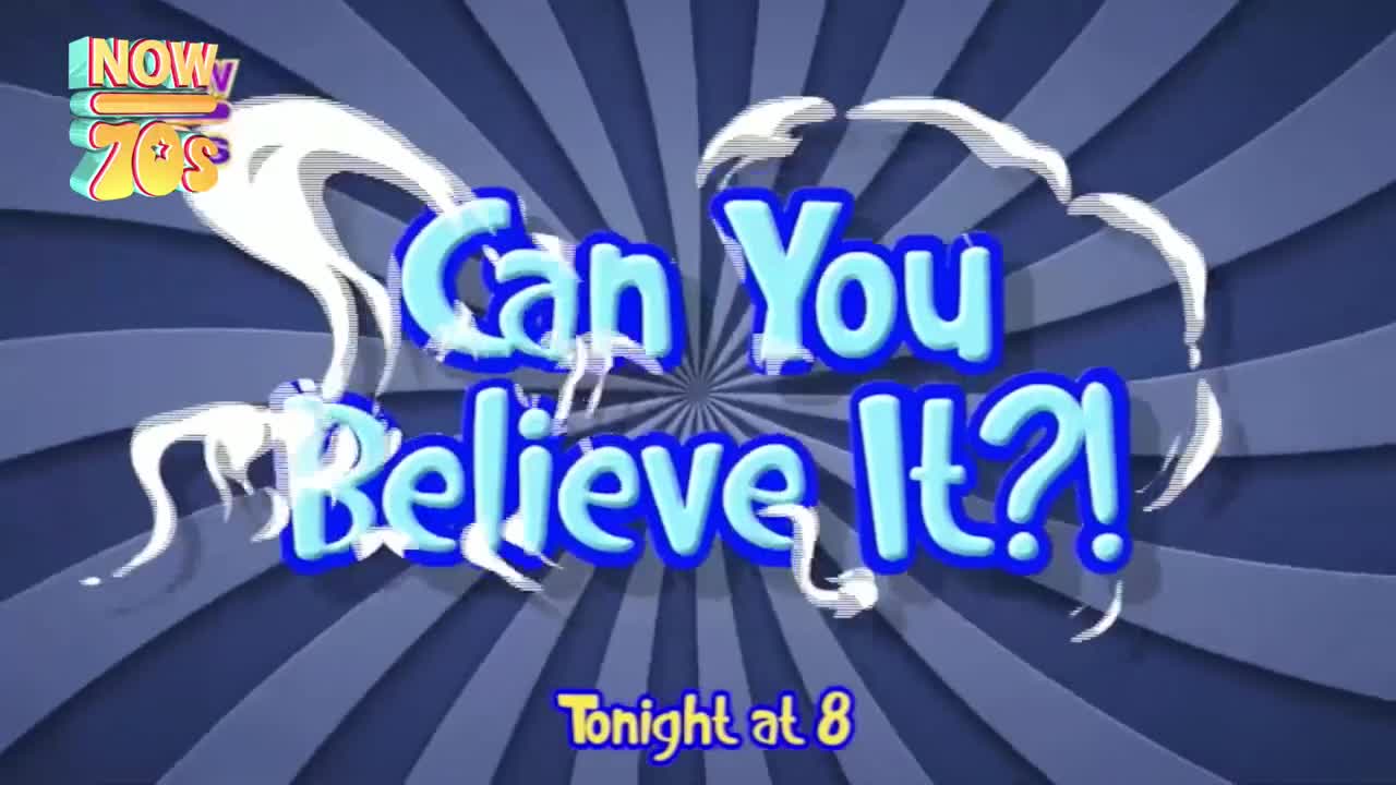 The title "Can You Believe It?!" in bright blue lettering is framed by white, swirling shapes. Below, the time "Tonight at 8" is displayed in a smaller, yellow font.
