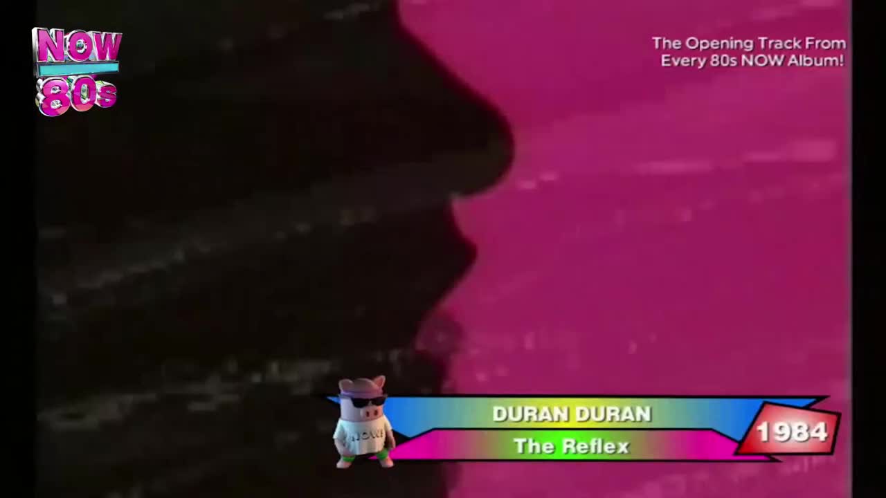 A stylized silhouette of a face is split between black and pink, the image flickering slightly. A pig wearing sunglasses and a t-shirt bobs in the corner, while the words "Duran Duran, The Reflex, 1984" appear below.
