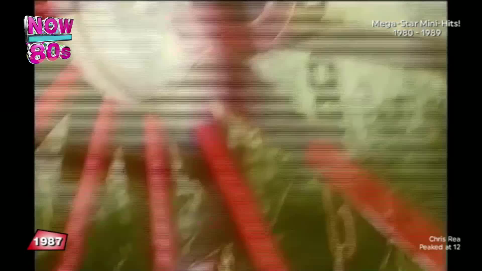 Red, elongated shapes are moving quickly, maybe limbs, against a backdrop of green. It's a clip from "Now 80s" in the UK, a mini-hit from 1987.
