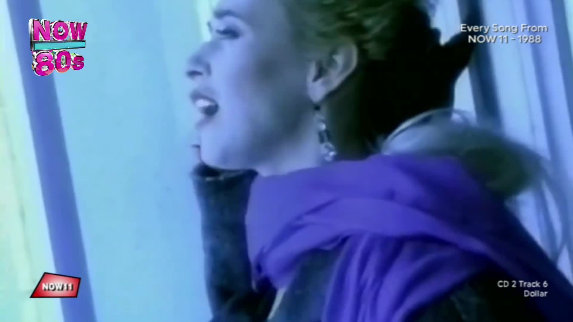 A woman's profile, her mouth open as if singing, is framed by a vibrant purple scarf. The background is a cool, electric blue, hinting at the bright colours of 80s music videos.