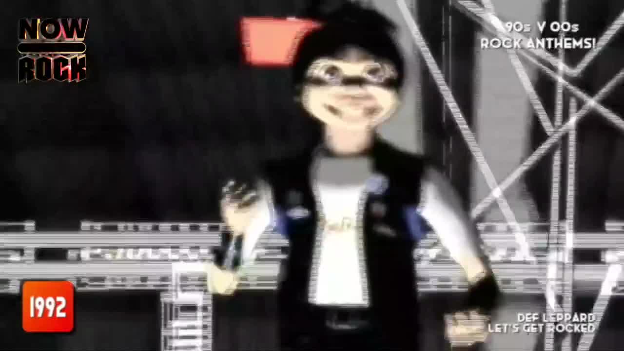 A cartoon figure in a black vest and white shirt is dancing, arms raised, in front of a dark backdrop. The NOW Rock logo and "1992" are visible in the corners.
