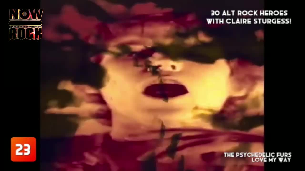 A face, heavily processed, fills the screen, with dark red lips and a distorted expression. The NOW Rock logo and a countdown number are visible in the corners.

