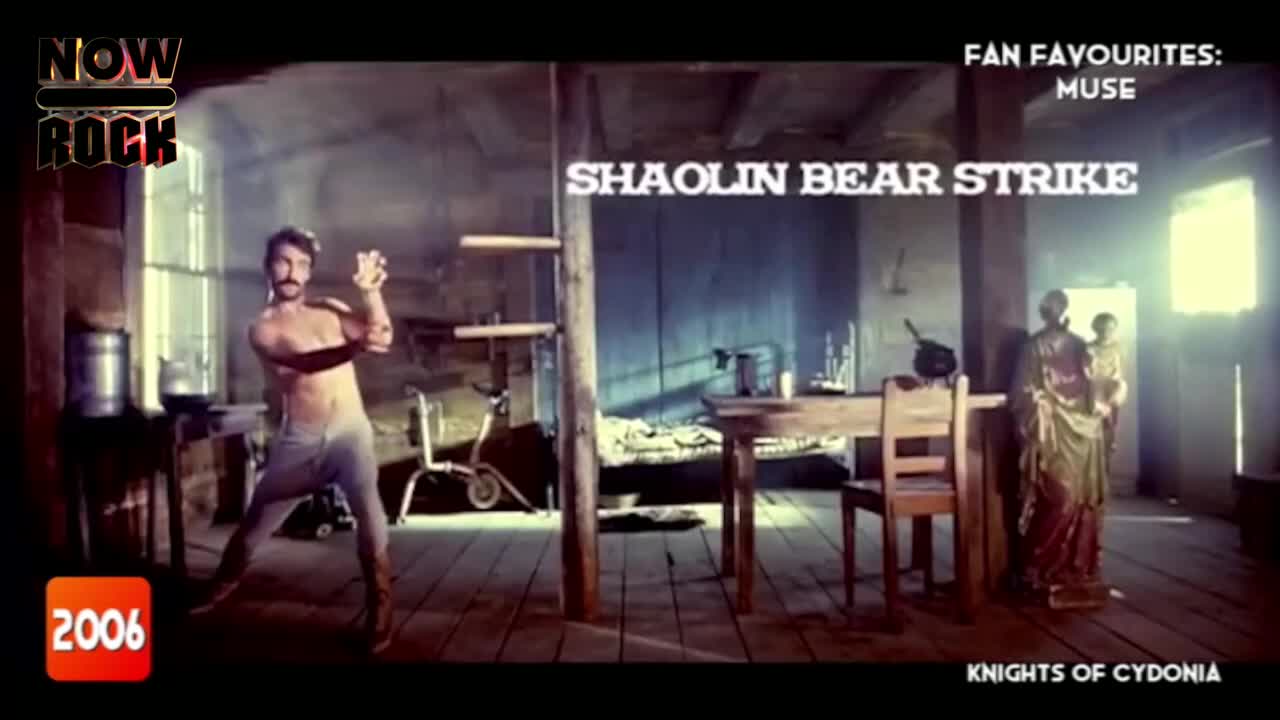 A shirtless man in boots is striking a pose, his hands up in front of him. The "Shaolin Bear Strike" title card sits above him, and the whole scene has a rustic, old-school feel.
