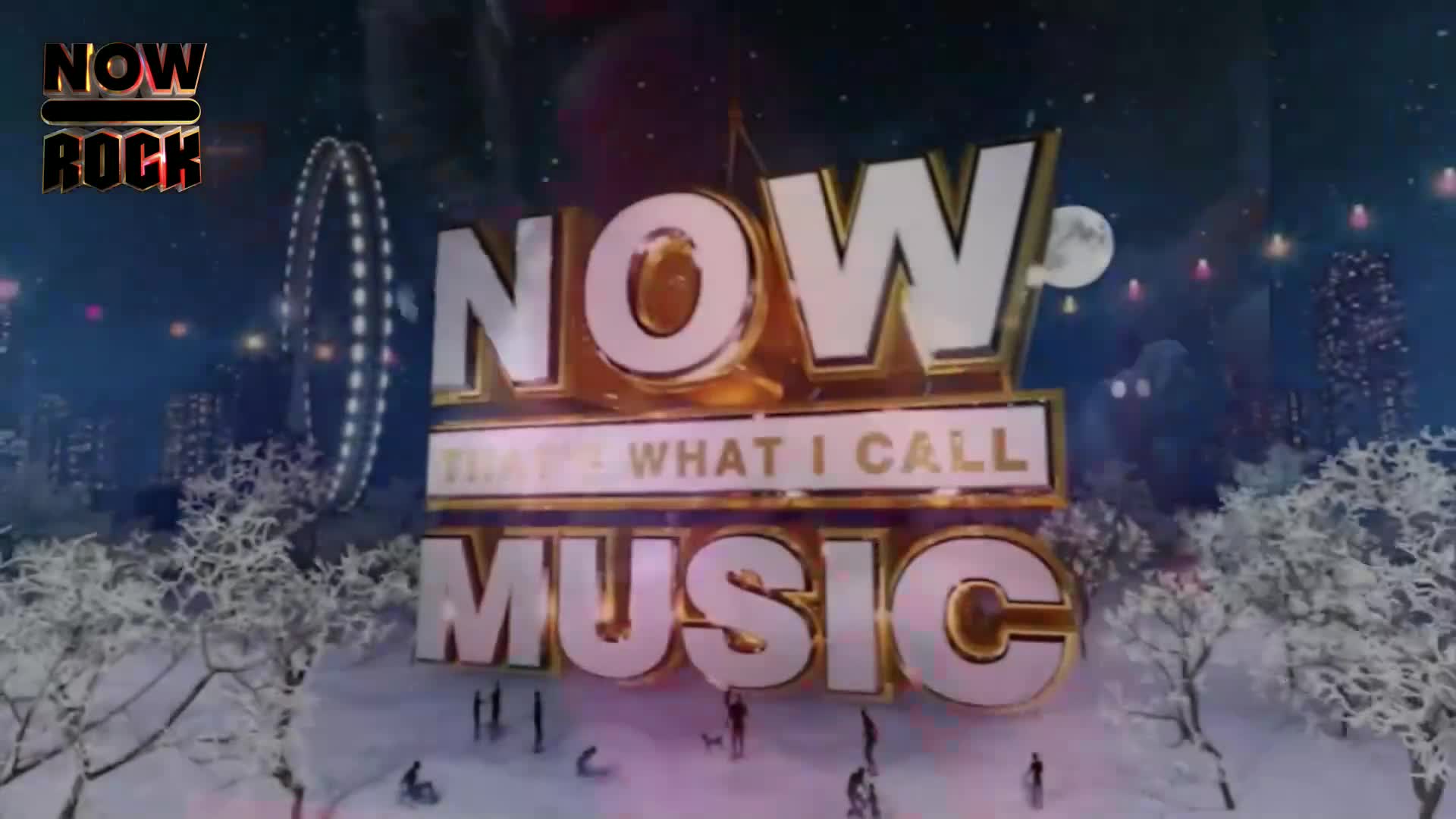 The "NOW That's What I Call Music" logo towers over a snowy scene, with tiny figures enjoying the winter landscape. In the top left, the "NOW Rock" logo is displayed against a night sky.
The "NOW That's What I Call Music" logo towers over a snowy scene, with tiny figures enjoying the winter landscape. In the top left, the "NOW Rock" logo is displayed against a night sky.
