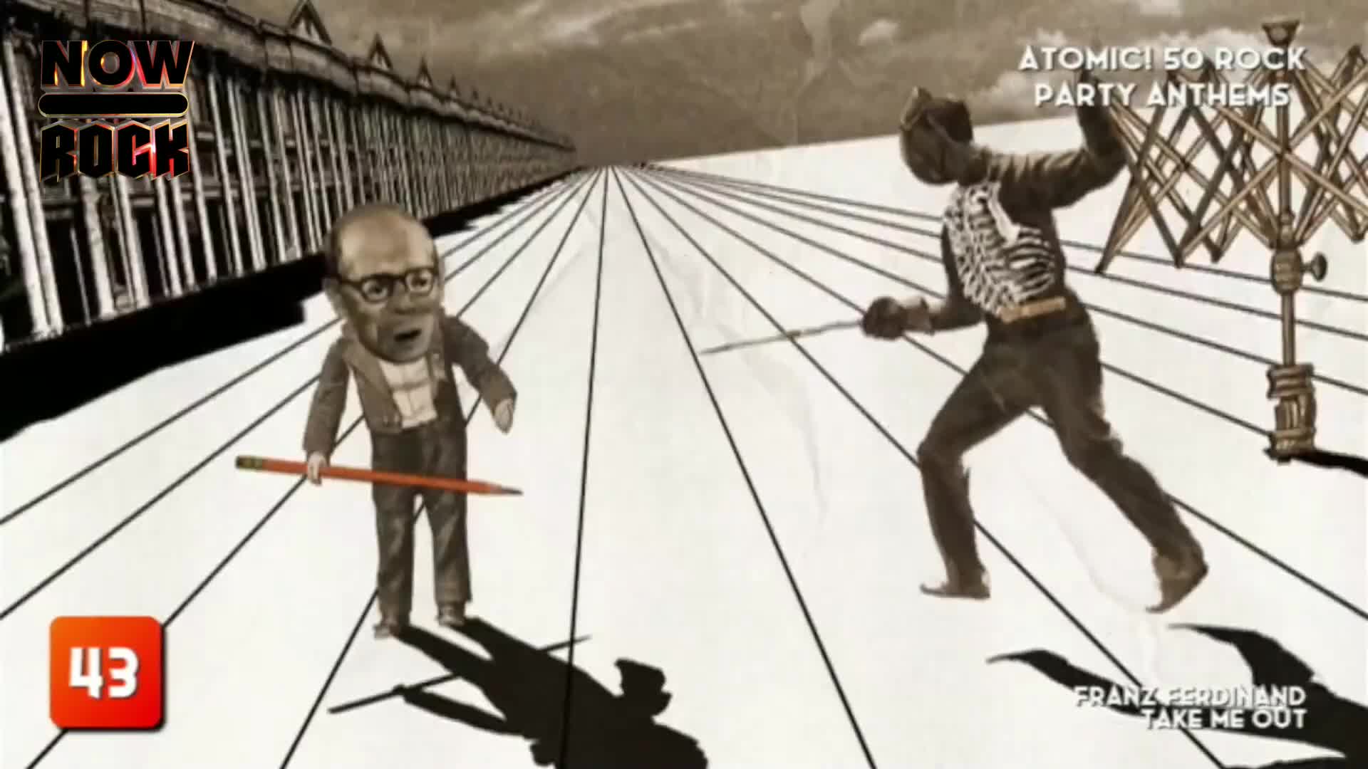 A man with a pencil lunges forward as another figure in a skeletal jacket lunges back. This is a scene from the music video for Franz Ferdinand's "Take Me Out."