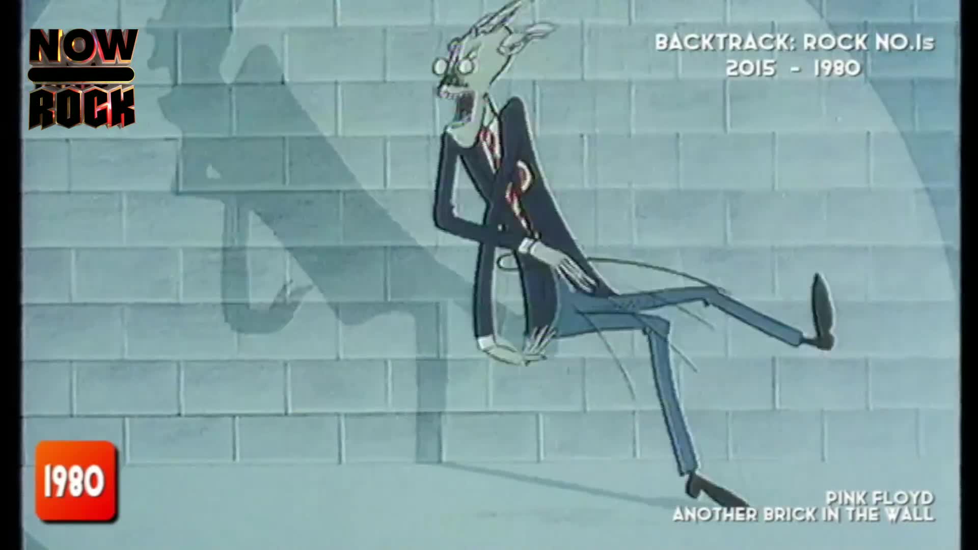A spindly figure in a suit tumbles down a brick wall, his limbs flailing. The year 1980 flashes on screen, marking Pink Floyd's "Another Brick in the Wall."
