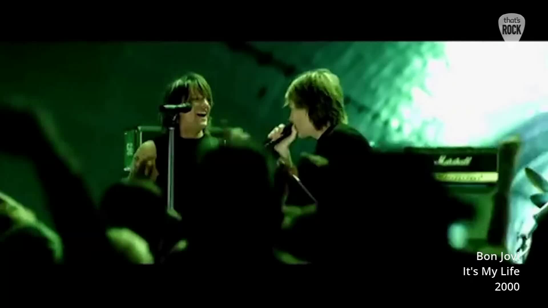 Two blokes are belting out a tune on stage, bathed in green light. A Marshall amp sits behind them, ready to unleash its roar. Two blokes are belting out a tune on stage, bathed in green light. A Marshall amp sits behind them, ready to unleash its roar.