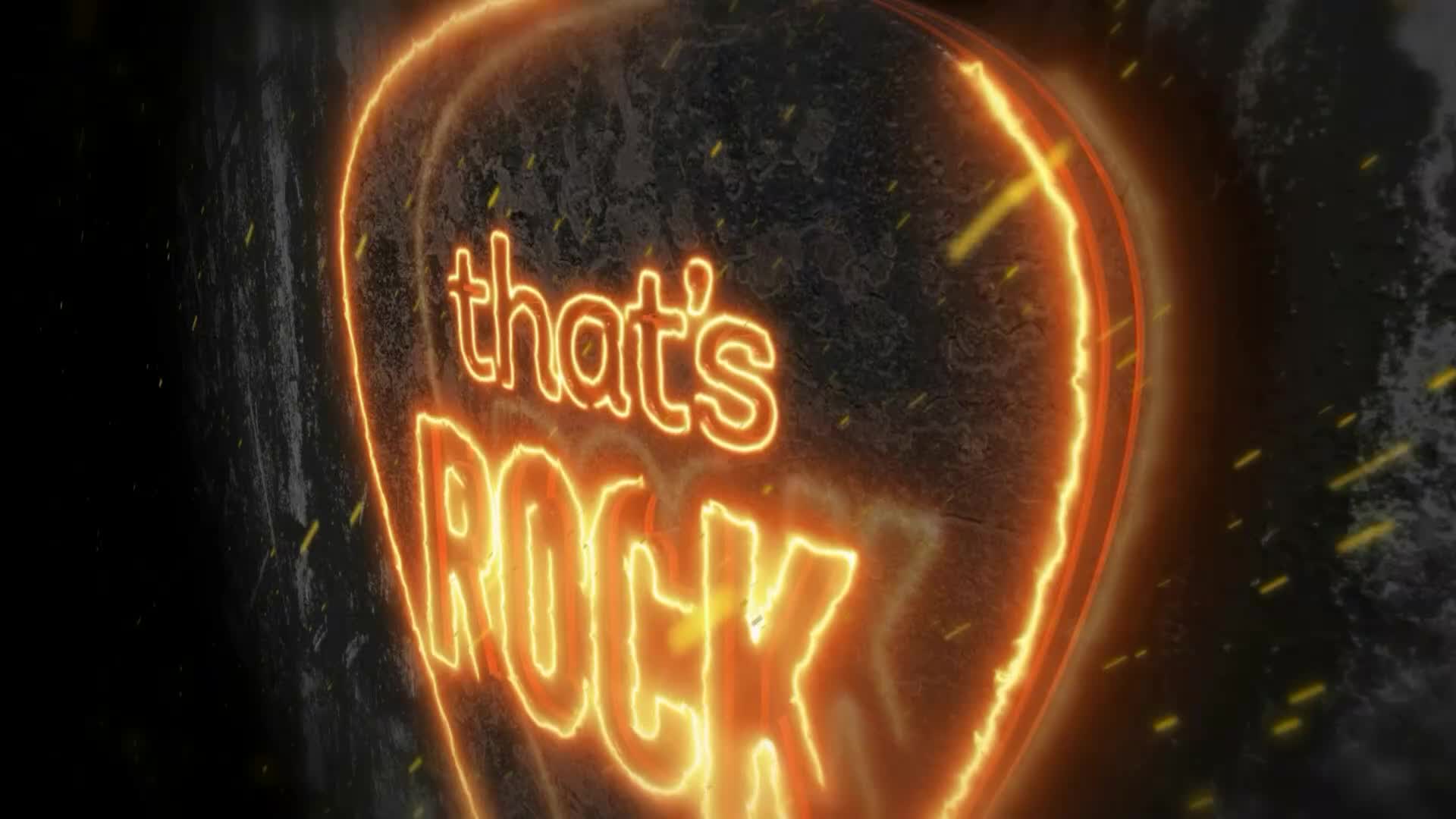 A guitar pick, outlined in fiery orange neon, looms large.  The words "that's ROCK" are illuminated in the same vibrant glow, set against a dark, textured background.