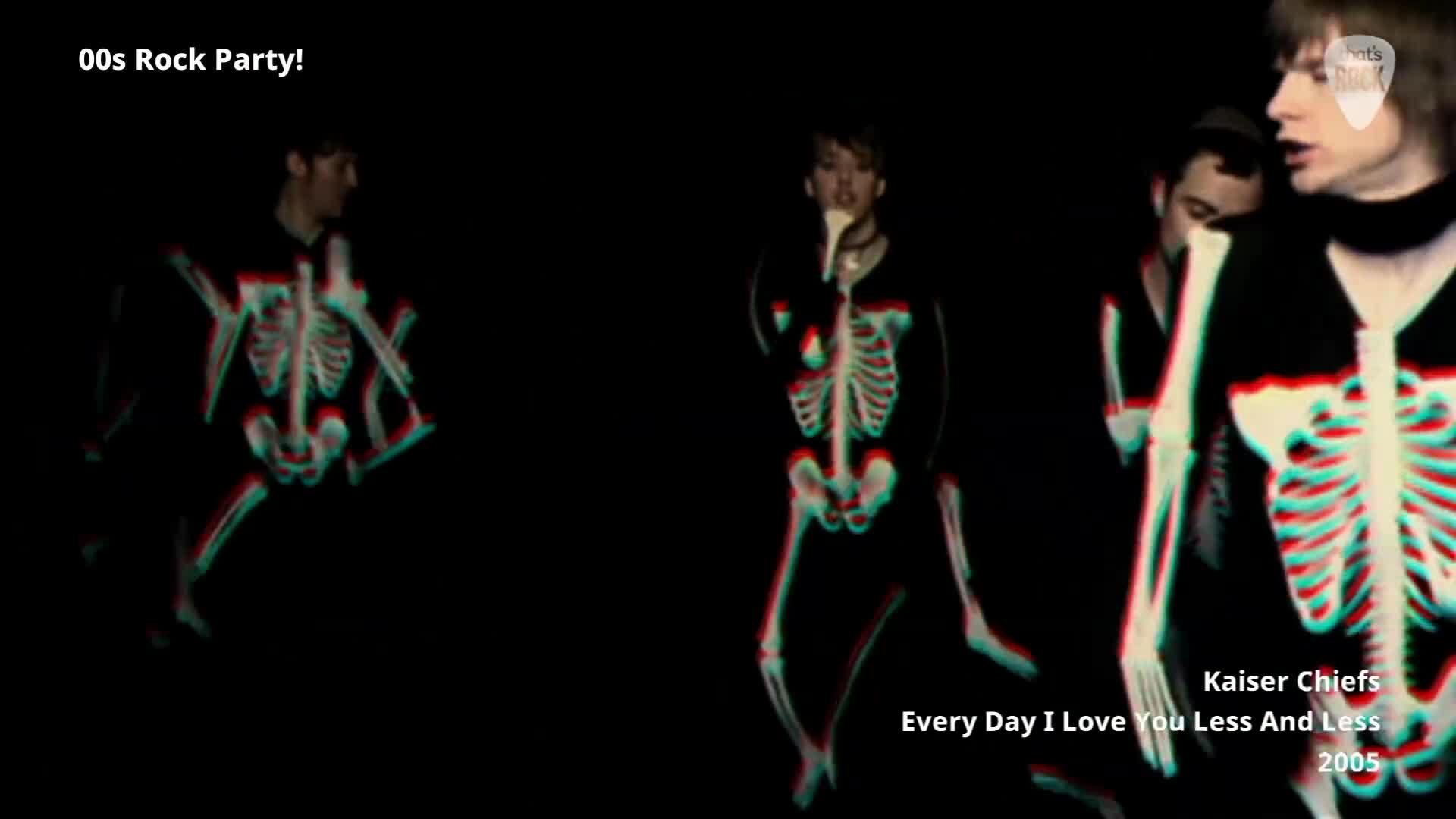 The band members are dancing in skeleton costumes. Their movements are energetic and synchronized.