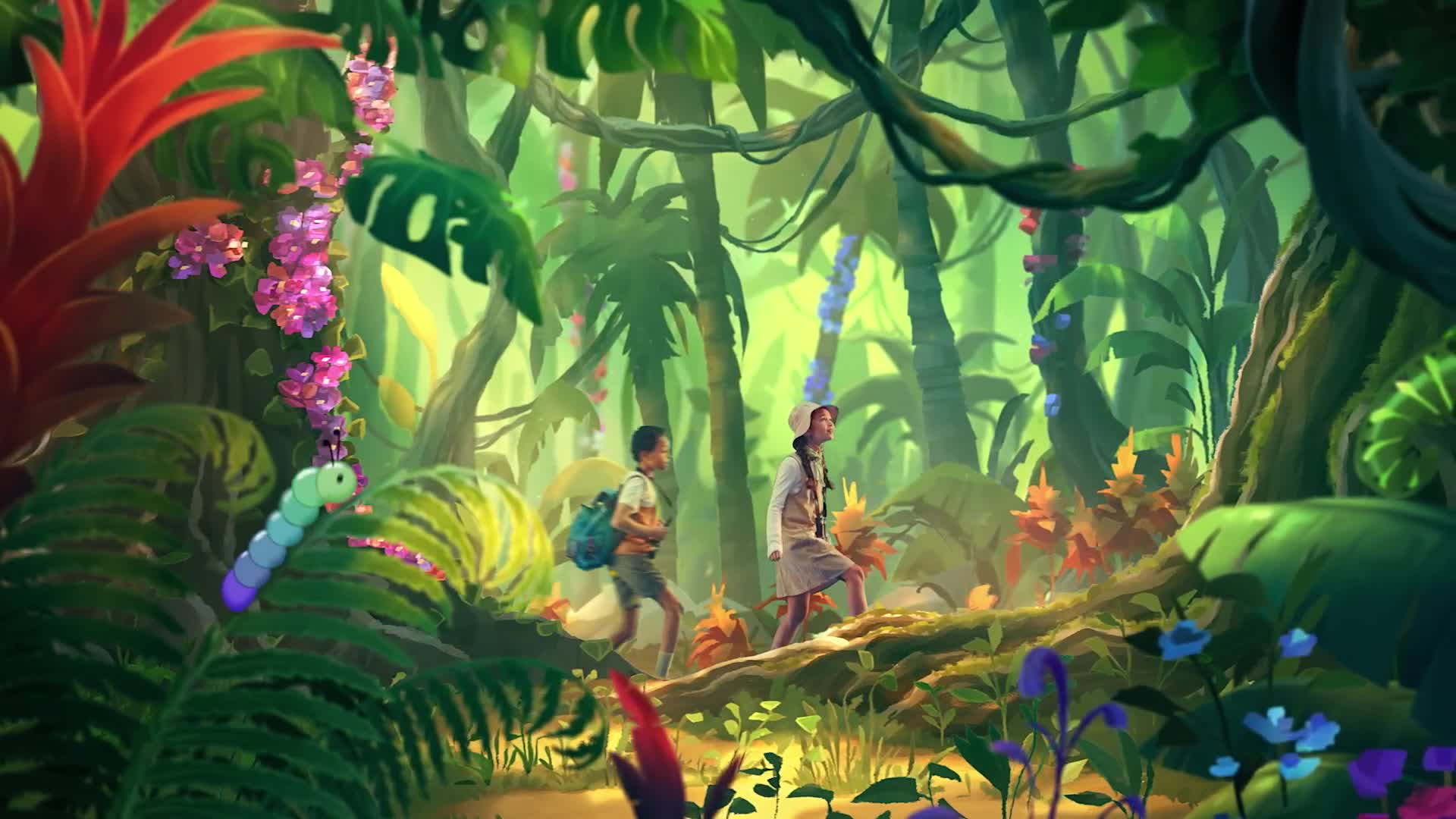 Two children, a boy and a girl, are walking along a fallen log, deeper into a lush, green jungle. A colorful caterpillar crawls nearby, and the air feels thick with the scent of unknown flowers.
