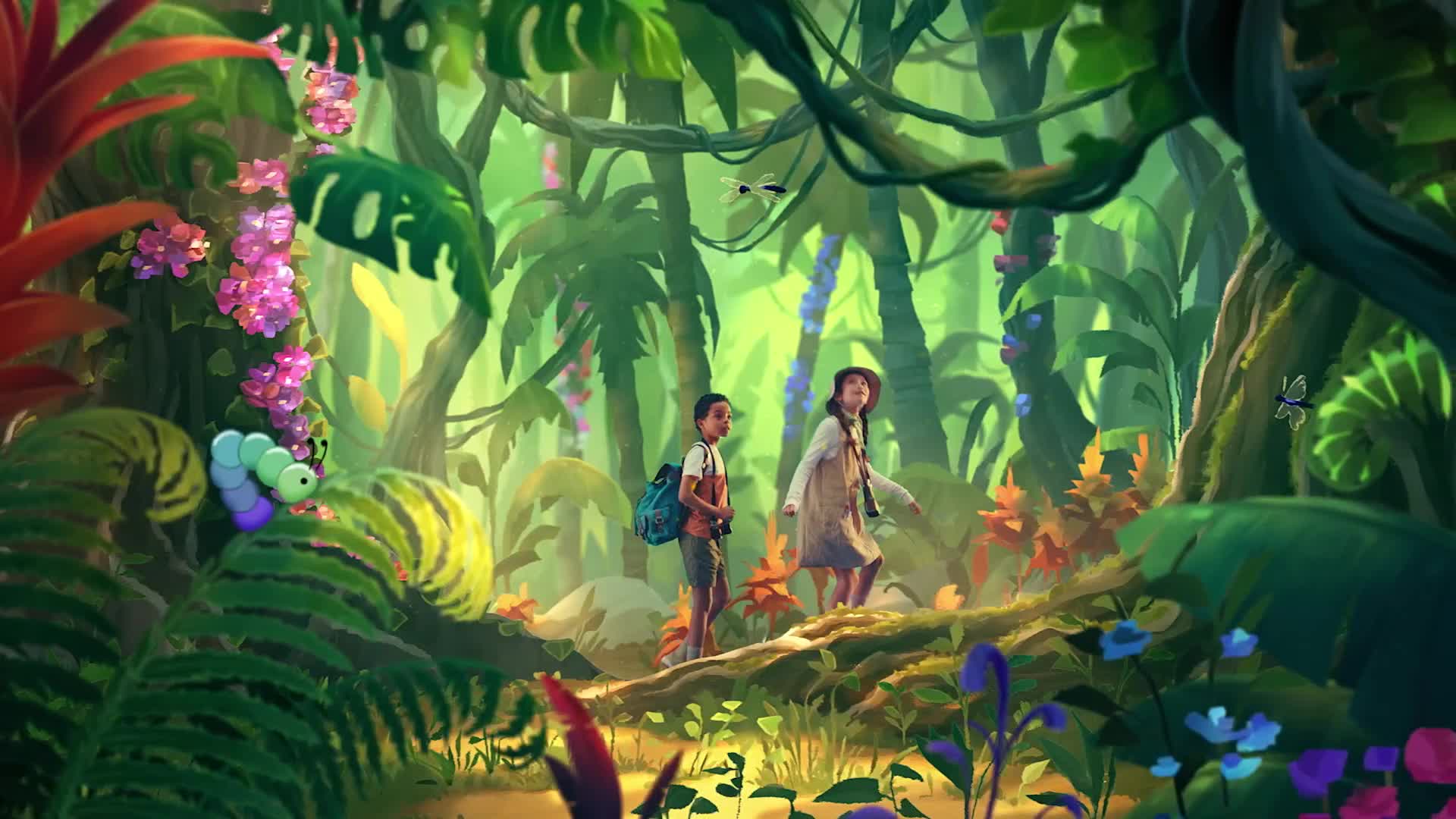Two children, one with a backpack, are walking along a fallen log, looking around at the lush, colorful jungle. Butterflies flutter, and a vibrant caterpillar munches on a leaf nearby.
