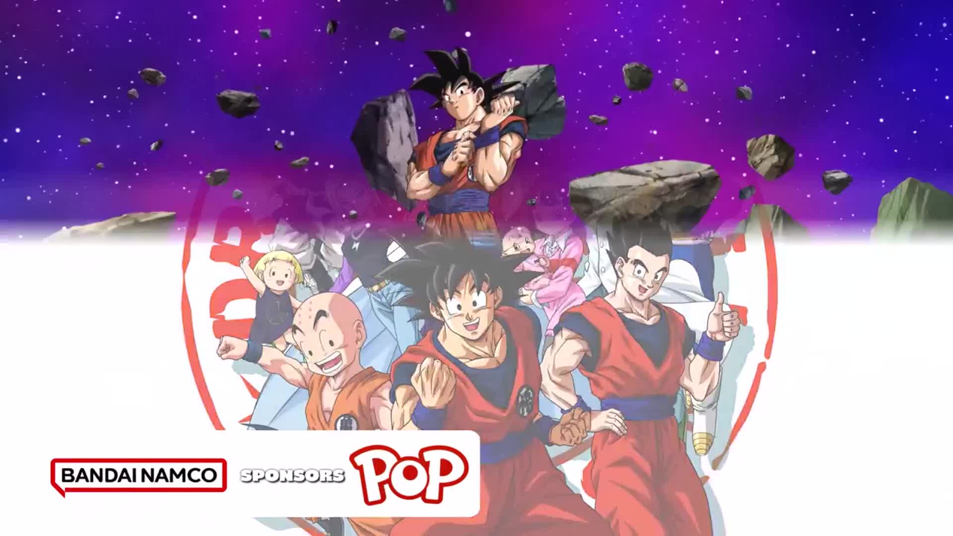 A group of animated characters, including a figure holding a large rock, are posed against a cosmic background. The Pop logo and Bandai Namco branding are visible at the bottom, suggesting a UK television promotion.
