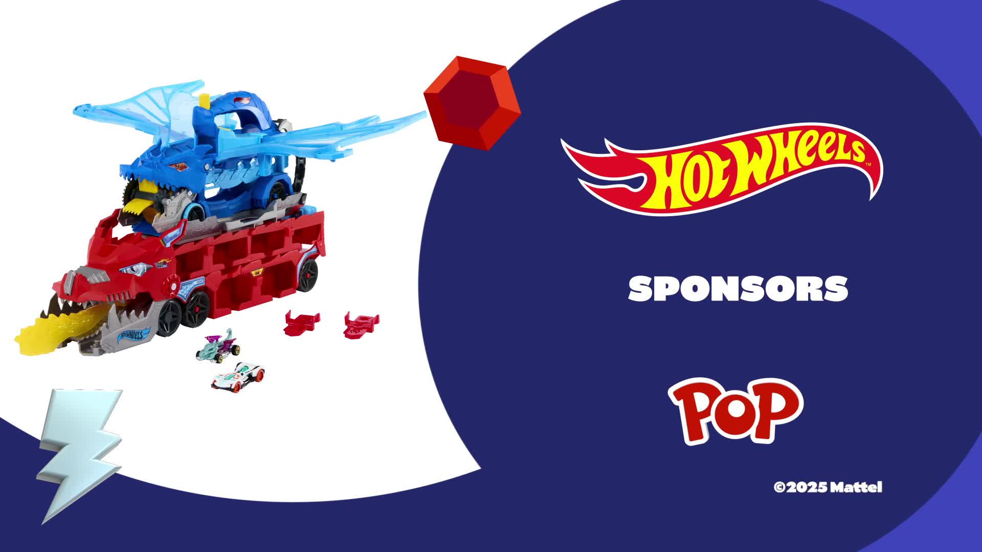 A red, dragon-shaped truck carries a blue dragon-themed vehicle on its back. Tiny race cars are scattered around, and the Pop logo is displayed on the right.
