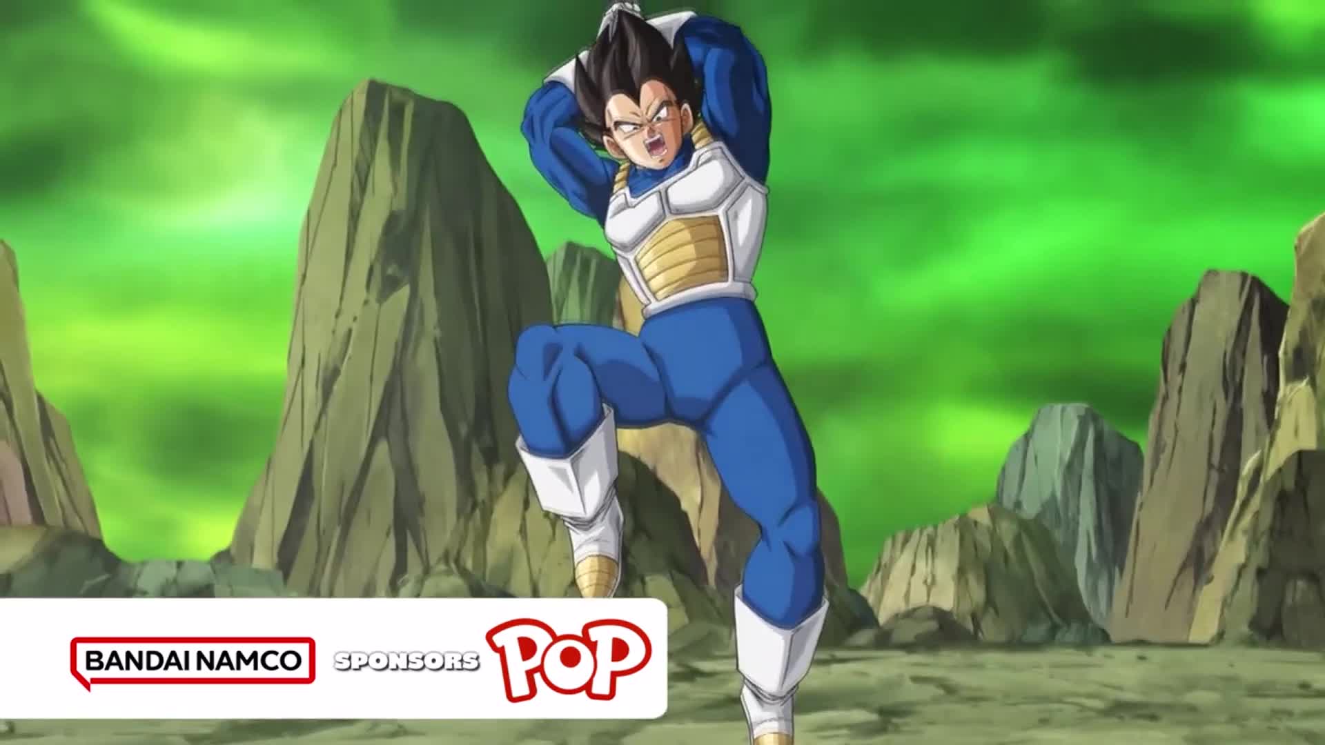 The figure in blue and white is mid-jump, arms raised above his head. A green, swirling sky and jagged rock formations make up the backdrop.
