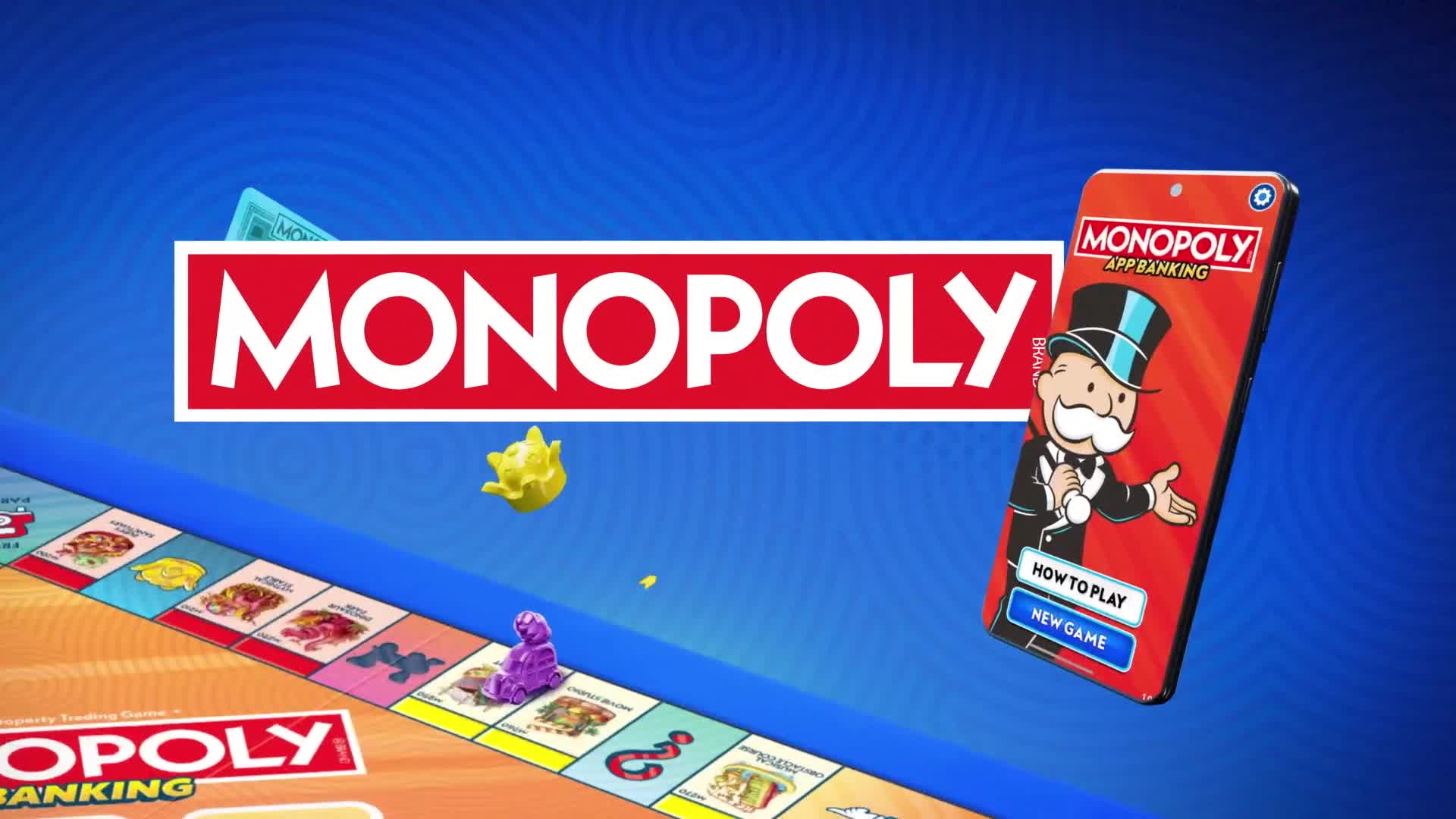A Monopoly board and game pieces float in front of a blue background. A smartphone displays the "Monopoly App Banking" interface, with the familiar top-hatted mascot.
