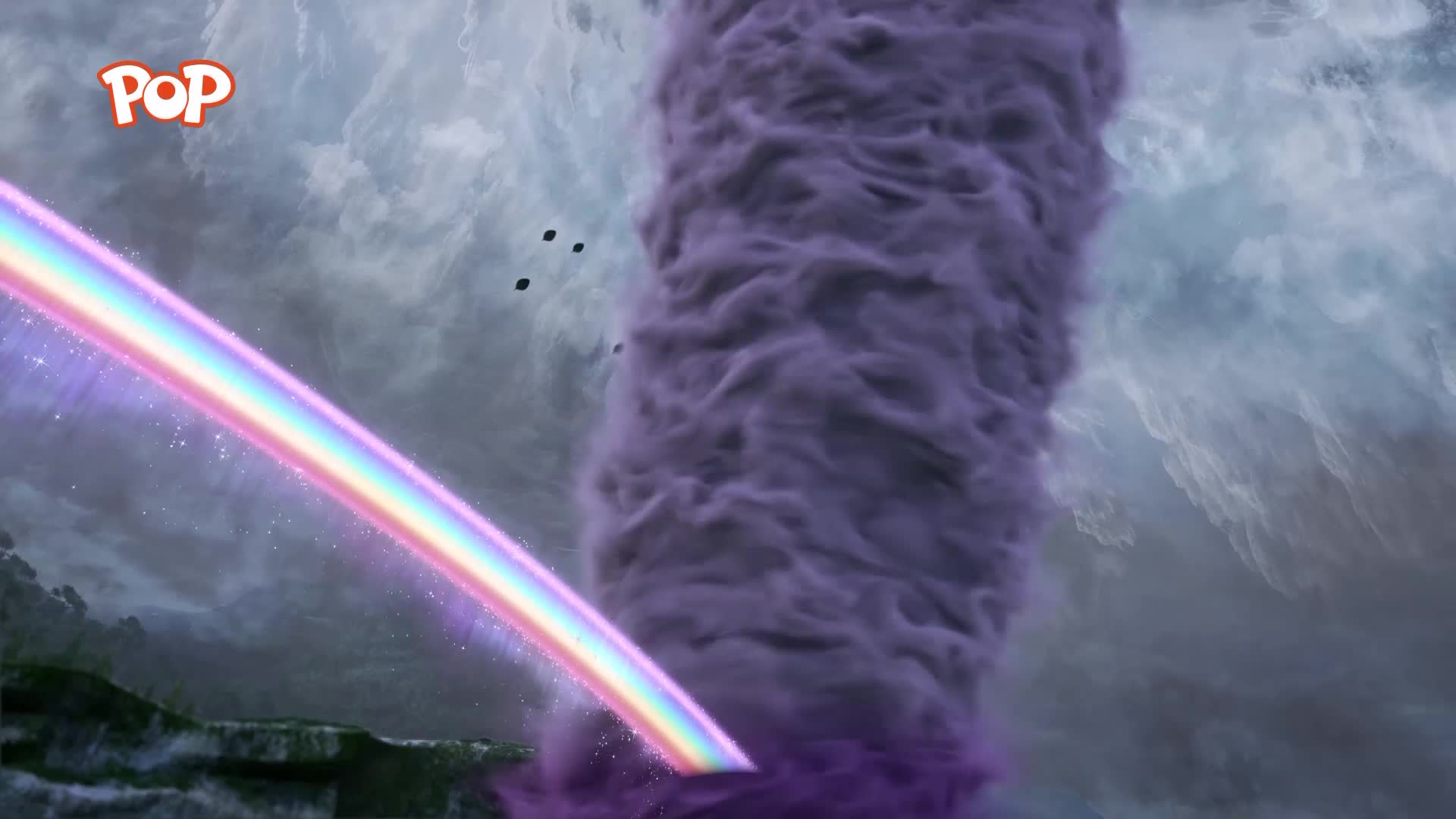 A thick, swirling purple funnel cloud dominates the sky, with a vibrant rainbow arcing across its path. Tiny black shapes, like birds, are caught in the turbulent air.