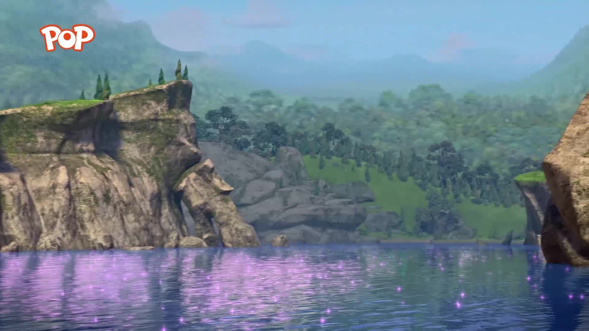 The water sparkles with tiny purple lights, reflecting the misty, green hills of the Scottish Highlands. A logo for the UK children's channel POP floats in the sky.