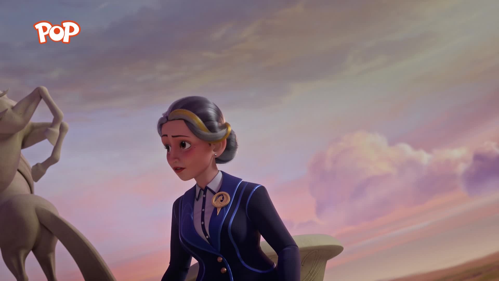 A woman in a dark blue uniform with gold trim looks down with a worried expression. Beside her, a stone horse stands still against a pastel sky.