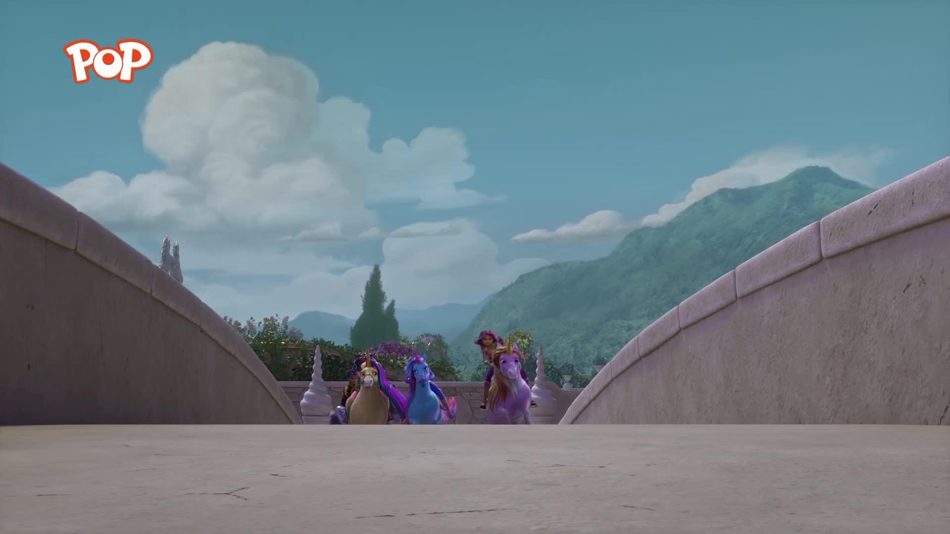 A trio of colourful creatures, like fantastical horses, trot across a stone bridge. Their riders, dressed in what looks like medieval garb, hold their reins loosely.