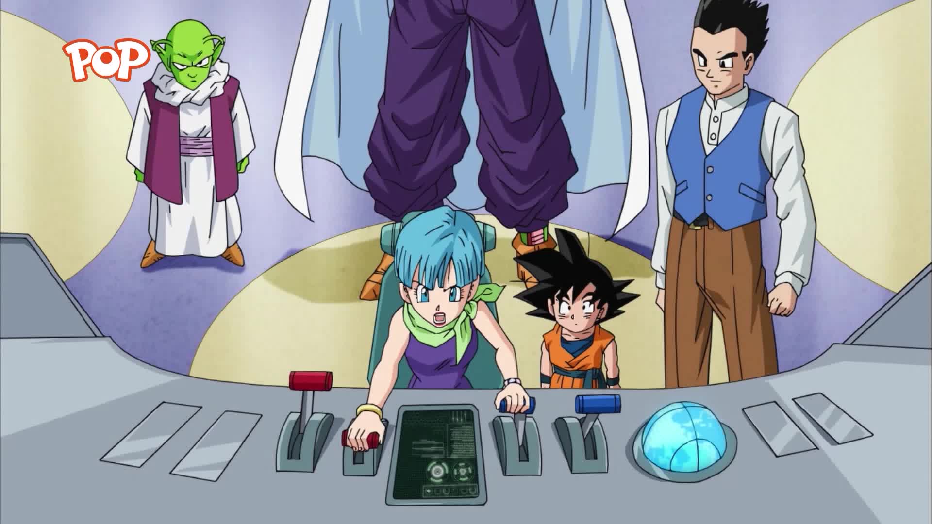 Bulma's hands grip the controls, her face a mask of concentration. Beside her, Goku watches intently, a small, determined figure.
