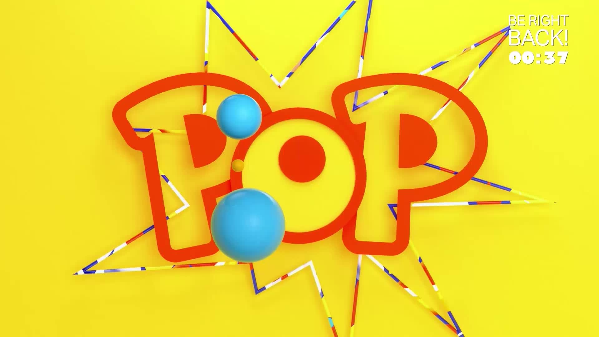 The word "POP" in bold red lettering is exploding outwards on a bright yellow background. Two bright blue spheres hover near the letters, one larger than the other.
